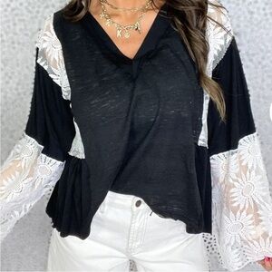 POL Black V-Neck Top with White Lace Bell Sleeves